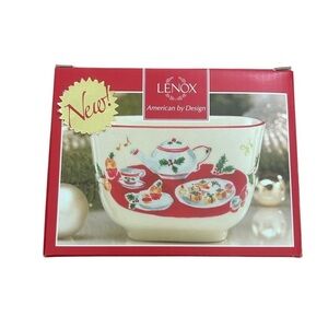 Lenox Holiday Nut Bowl Candy Dish with Tea Pot Cupcake Holly Music Notes Design